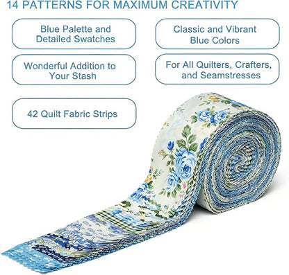 Nodsaw Blue Floral Jelly Roll Fabric Strips, 2.5" x 44" 42 Pcs Soft Cotton Pre-Cut Quilting Fabric Strips for Rug, Blanket, Quilt, Table Runner, and DIY Sewing Craft Projects, Sunshine Blooms