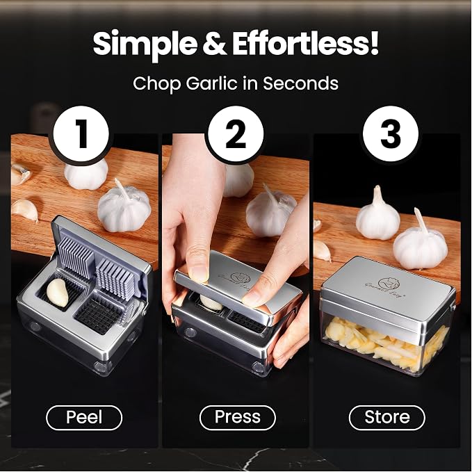 Garlic Chopper, 2-in-1 Slice + Dice, Garlic Press Stainless Steel, Fridge Friendly, Ginger Dicer Air Tight Container, Dishwasher Safe Mini Chopper, Premium Mincer with 5-Year warranty