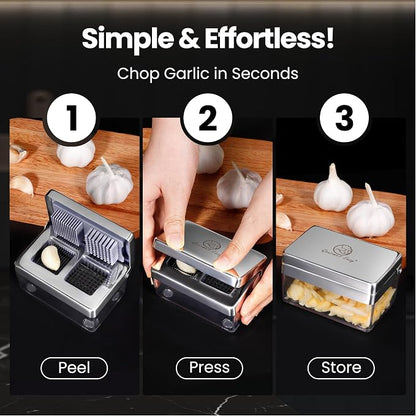 Garlic Chopper, 2-in-1 Slice + Dice, Garlic Press Stainless Steel, Fridge Friendly, Ginger Dicer Air Tight Container, Dishwasher Safe Mini Chopper, Premium Mincer with 5-Year warranty