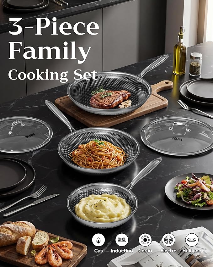 Nonstick Frying Pan Set with 3 Lids, 8+10+12 Inch, Honeycomb Stainless Steel Skillet Pans Set, PFOA-Free Scratch-Proof, Dishwasher & Oven Safe, Compatible with All Cooktops