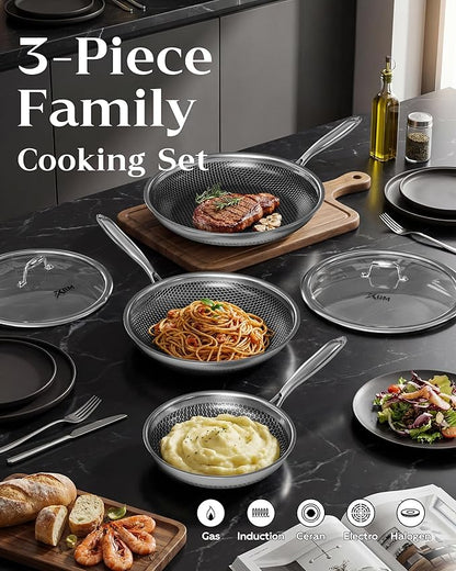 Nonstick Frying Pan Set with 3 Lids, 8+10+12 Inch, Honeycomb Stainless Steel Skillet Pans Set, PFOA-Free Scratch-Proof, Dishwasher & Oven Safe, Compatible with All Cooktops