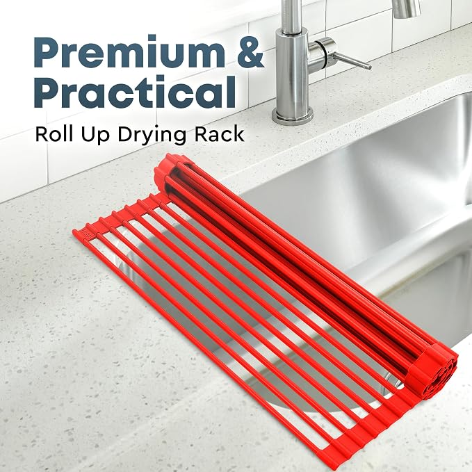 Zulay Kitchen Large Roll Up Dish Drying Rack - Heavy Duty Silicone Wrapped Steel Rods Over Sink Dish Drying Rack - Versatile Roll Up Sink Drying Rack & Trivet - Red,20.5 inches x 13 inches