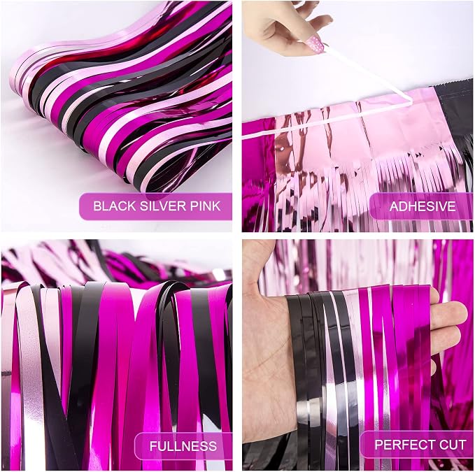 LOLStar 5 Pack Cartoon Mouse Birthday Party Supplies,3.3x6.6 ft Black Pink Fuchsia Tinsel Foil Fringe Curtains,Cartoon Mouse Photo Booth Prop Streamer Backdrop,Party Decoration for Girls Babies