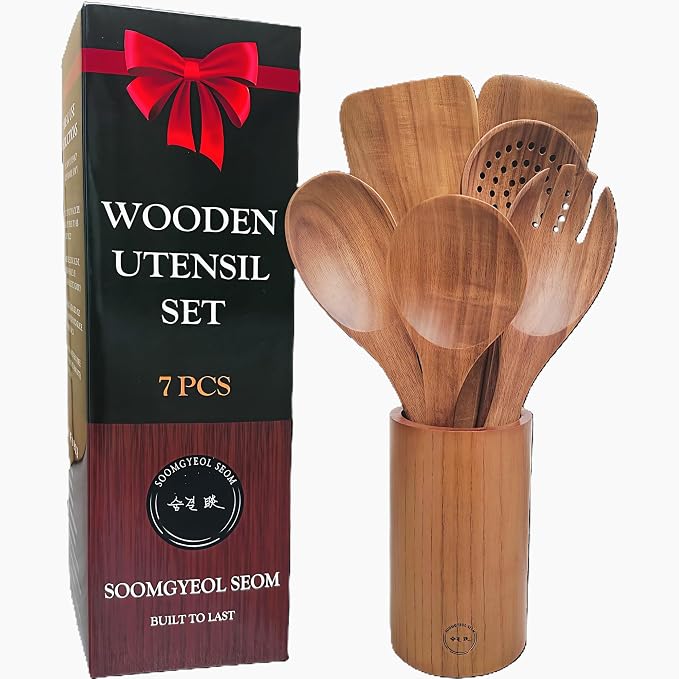 SOOMGYEOL SEOM 7-Piece Teak Wood Cooking Utensil Set with Holder | Wooden Spoons and Spatulas, Nonstick Safe, Heat Resistant, Kitchen Tools