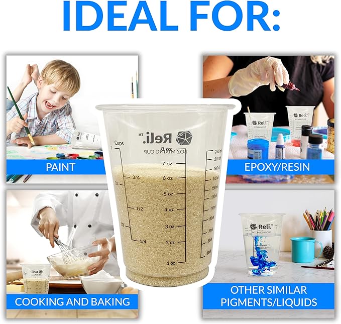 Reli. 8 oz Paint Mixing Cup/Resin Mixing (20 Pcs) | Disposable Measuring Cups | Clear Plastic Measures | Use for Paint, Epoxy Resin, Pigments (8oz)