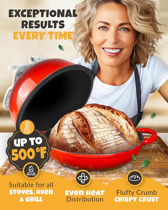 CRUSTLOVE Dutch Oven Bread Baking - 5QT Enamel Bread-Oven - incl Sourdough Bread-Baking Suppliers like Dough Whisk Scoring Lame etc Bread-Dome Cast Iron Bread-Pan with Lid for Sour dough, Bread-making