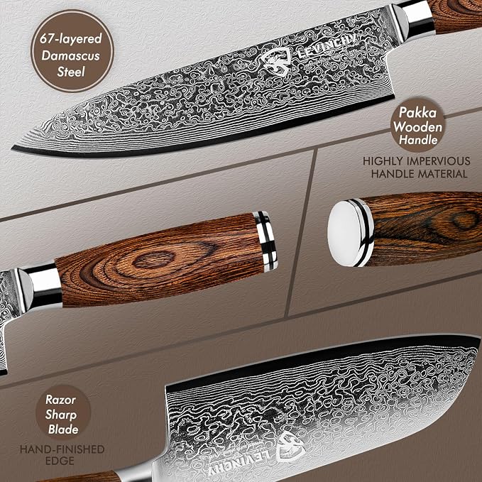 Damascus Kitchen Knife Set 3 Pieces, Chef Knife/Santoku/Steak, Handmade Damascus Stainless Steel Kitchen Knife, Ergonomic PAKKA Wood Handle