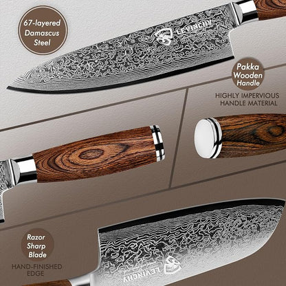 Damascus Kitchen Knife Set 3 Pieces, Chef Knife/Santoku/Steak, Handmade Damascus Stainless Steel Kitchen Knife, Ergonomic PAKKA Wood Handle