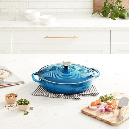 Lodge Essential Enamel Braiser 3.5 Quart - Refrigerator- & Oven-Safe up to 500° F - Heat-Retaining, Induction-Safe & PFAS-Free Enamel Cookware - Cornflower Blue