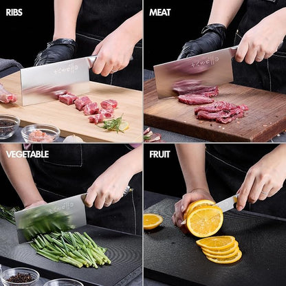 SHI BA ZI ZUO Meat Cleaver Set, 2PCS Professional Butcher Knife Fruit Knife with Stainless Steel Handle