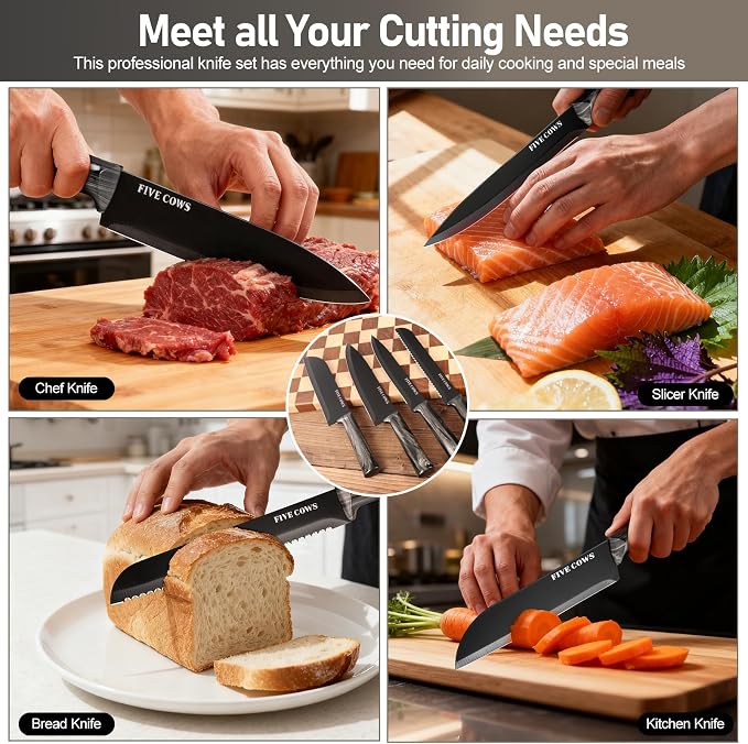 16-Piece Kitchen Knife Block Set with Cutting Board - German Stainless Steel Knives, Built-In Sharpener, Dishwasher Safe, Anti-Slip Handle - All-in-One Cutlery Set for Home/Kitchen (Black)