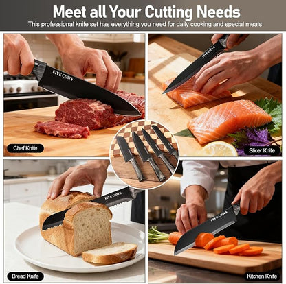 16-Piece Kitchen Knife Block Set with Cutting Board - German Stainless Steel Knives, Built-In Sharpener, Dishwasher Safe, Anti-Slip Handle - All-in-One Cutlery Set for Home/Kitchen (Black)