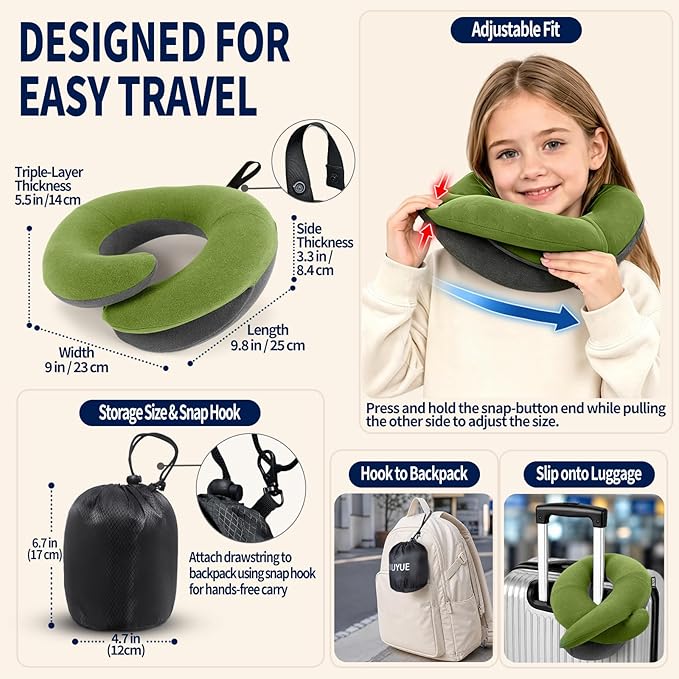 BUYUE Kids Travel Pillows for Airplane, Memory Foam 360° Head Support Sleeping Essentials for Long Flight, Skin-Friendly Soft Neck Pillow for Traveling in Car Seat, (Small, Green Grey, 40-90 lbs)