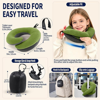 BUYUE Kids Travel Pillows for Airplane, Memory Foam 360° Head Support Sleeping Essentials for Long Flight, Skin-Friendly Soft Neck Pillow for Traveling in Car Seat, (Small, Green Grey, 40-90 lbs)