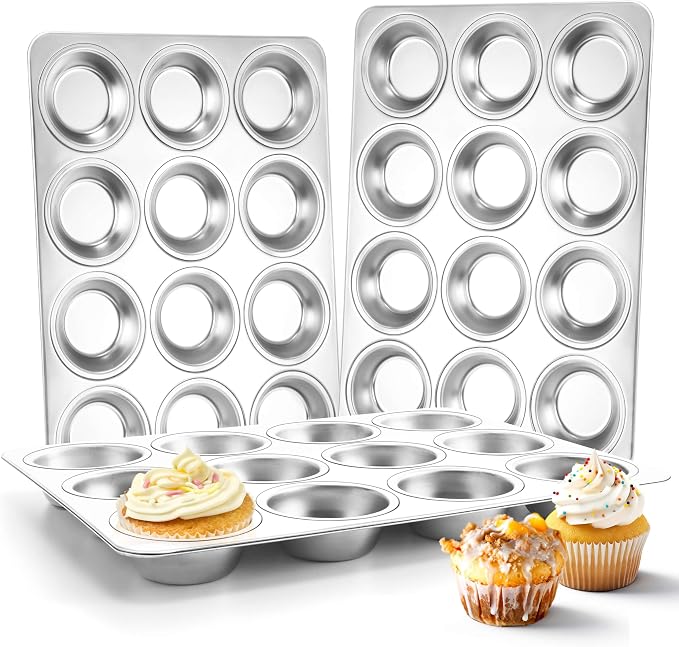 Herogo 3 Pack 12-Cup Stainless Steel Muffin Pan Tin for Making Egg Muffin Quiches, Metal Nonstick Cupcake Tray Set for Baking, Mini Brownie, Regular Size & Easy Clean, Oven & Dishwasher Safe