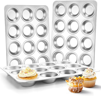 Herogo 3 Pack 12-Cup Stainless Steel Muffin Pan Tin for Making Egg Muffin Quiches, Metal Nonstick Cupcake Tray Set for Baking, Mini Brownie, Regular Size & Easy Clean, Oven & Dishwasher Safe