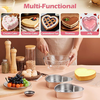 E-far 8 Inch Heart Cake Pan, 2Pcs Stainless Steel Heart Shaped Cake Mold, Cake Tin Baking Pan for Valentine's Day Anniversaries Wedding, Non-Toxic & Dishwasher Safe