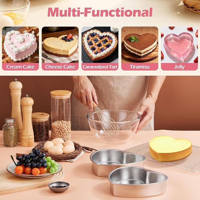 E-far 8 Inch Heart Cake Pan, 3Pcs Stainless Steel Heart Shaped Cake Mold, Cake Tin Baking Pan for Valentine's Day Anniversaries Wedding, Non-Toxic & Dishwasher Safe