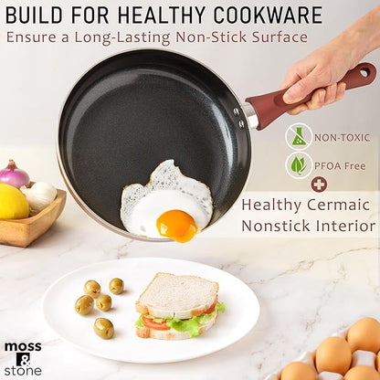 Moss & Stone 6 Pcs Nonstick Cookware Set, Pots And Pans Set Non stick With Glass Lid, Induction Cookware, Stay-Cool Handle PTFE/PFOA Kitchen Pots 6-Piece with Frying Pans & Saucepan, Burgundy