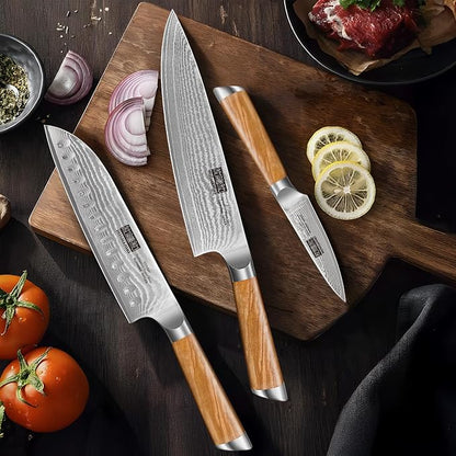 HOSHANHO Damascus Kitchen Knife Set 3-Piece, Ultra Sharp 8" Chef Knife, 7" Santoku Knife, 3.75" Paring Knife, Professional 10Cr15CoMoV Damascus Super Steel Chef Knife Set with Ergonomic Handle