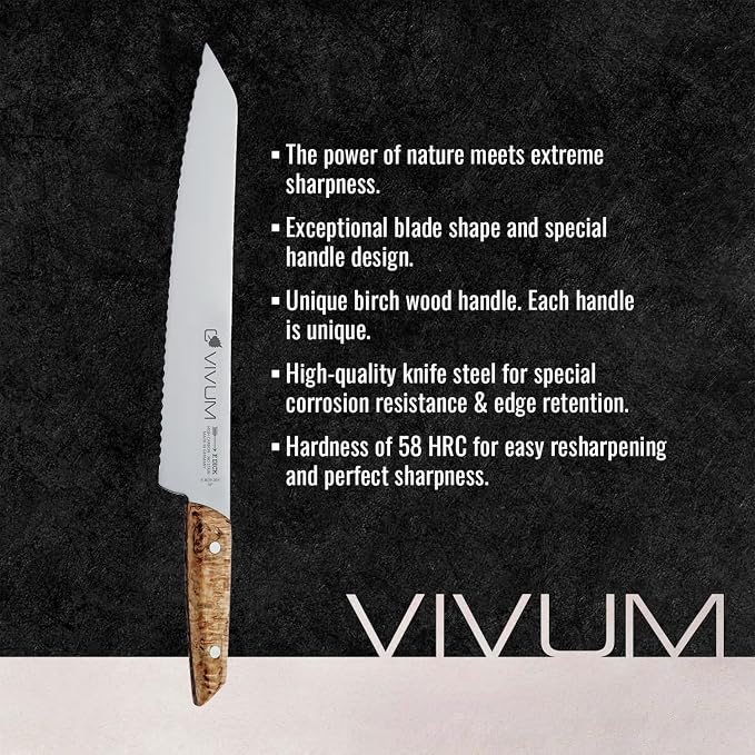 F. DICK – VIVUM Bread Knife – Serrated Knife with 10.2" blade & 58 HRC - Ideal for Bread, fruits & vegetables - Stainless steel - Ultra sharp - Birchwood handle – Made in Germany