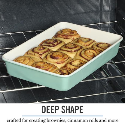 Martha Stewart Gallen 13 x 9 Inch Rectangular Nonstick Carbon Steel Cake and Baking Pan – Teal, Durable Bakeware for Even Cooking and Easy Release