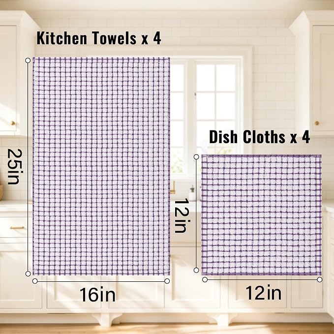 Homaxy Kitchen Towels and Dishcloths Set, 16 x 25 and 12 x 12 Inches, Set of 12 Cotton Terry Kitchen Dish Towels, Super Soft and Absorbent Dish Cloths, Purple