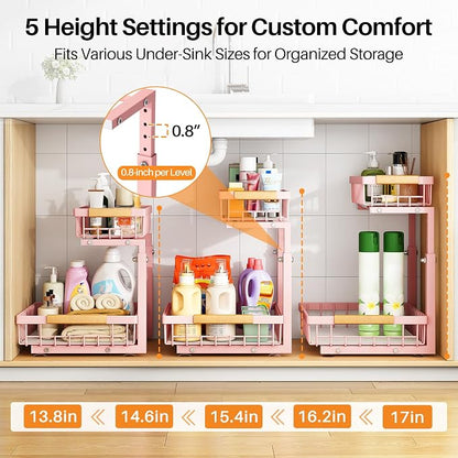 PXRACK Under Sink Organizer, Adjustable Height, 2 Tier Pull Out Under Cabinet Organizer, Slide Out Thickened Metal Under Sink Storage for Kitchen Bathroom Laundry Pantry Cabinet, Pink, Large-2-Pack