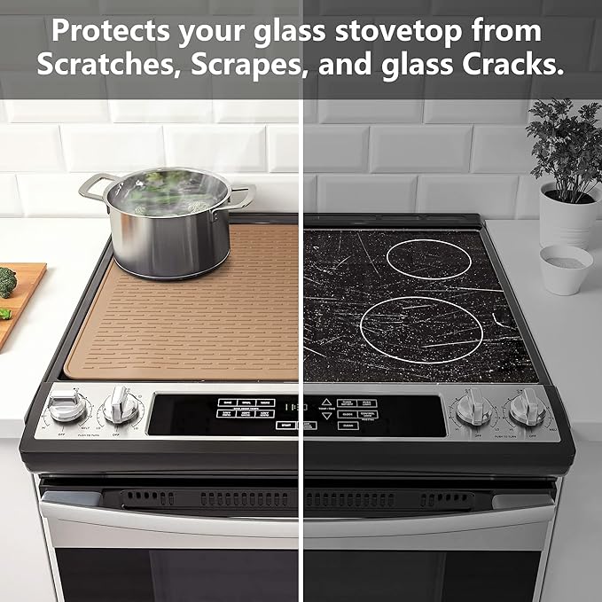 YUHFERA Stove Top Cover for Electric Stove - Silicone Stove Mat for Glass Top, Glass Cooktop Protector, XL Dish Drying Mats For Kitchen,Oven Covers for Electric Stove (Caramel,28 x 20)