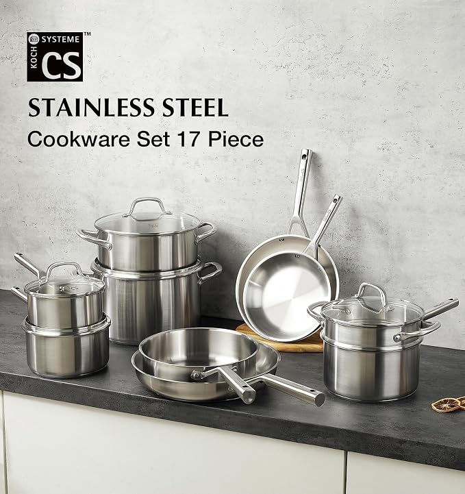 KOCH SYSTEME CS Stainless Steel Cookware Set 17 Piece, Professional 18/10 Stianless Steel Pots and Pans Set, 5-Layer Stainless Base, Oven Safe, Induction Ready, Non-Toxic Kitchen Cookware Set