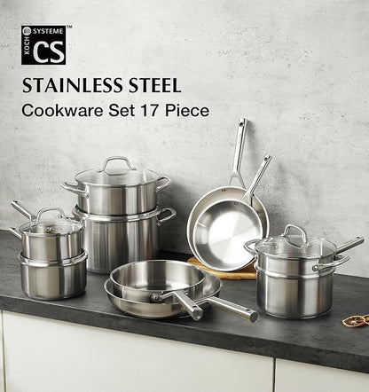 KOCH SYSTEME CS Stainless Steel Cookware Set 17 Piece, Professional 18/10 Stianless Steel Pots and Pans Set, 5-Layer Stainless Base, Oven Safe, Induction Ready, Non-Toxic Kitchen Cookware Set