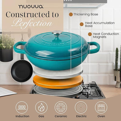 nuovva Shallow Cast Iron Casserole with Lid – Non Stick Dutch Oven Pot, Oven Safe up to 500° F – Sturdy Ovenproof Stockpot Cookware – Enamelled Cooking Pot – Teal, 3.7-Quart, 30cm – by Nuovva