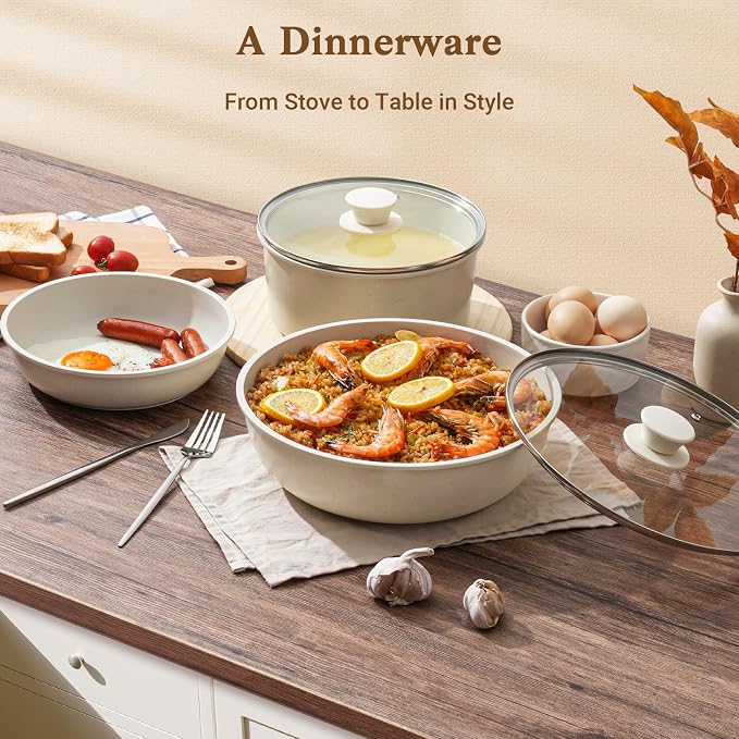 SODAY 15Pcs Pots and Pans Set Non Stick, Cookware Sets with Detachable Handle, Nonstick RV Kitchen Cooking Tools Removable Handles, Oven Safe, Induction Fast, Stackable Induction Cookware, White