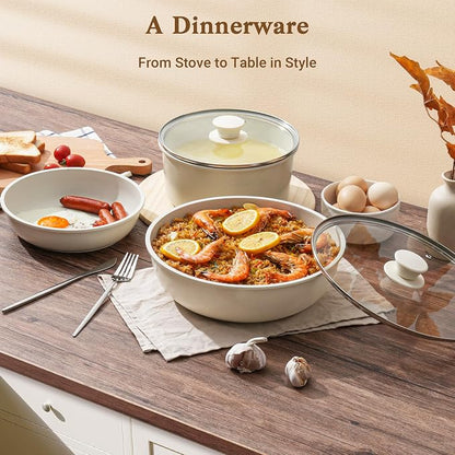 SODAY 15Pcs Pots and Pans Set Non Stick, Cookware Sets with Detachable Handle, Nonstick RV Kitchen Cooking Tools Removable Handles, Oven Safe, Induction Fast, Stackable Induction Cookware, White