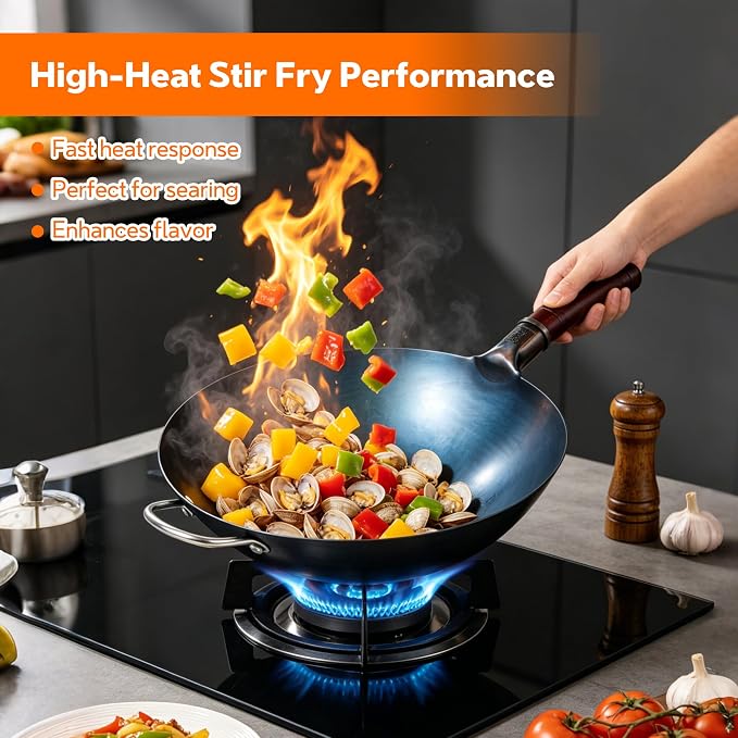 14 Inch Carbon Steel Wok with Lid, Round Bottom Wok Pan, Blue Pre-Seasoned Chinese Stir Fry Pan for Open Flame Cooking, Large Traditional Pow Wok for BBQ, Grill, Camping, Home Cooking
