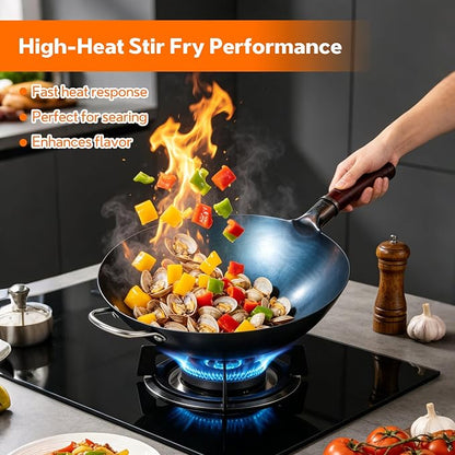 14 Inch Carbon Steel Wok with Lid, Round Bottom Wok Pan, Blue Pre-Seasoned Chinese Stir Fry Pan for Open Flame Cooking, Large Traditional Pow Wok for BBQ, Grill, Camping, Home Cooking