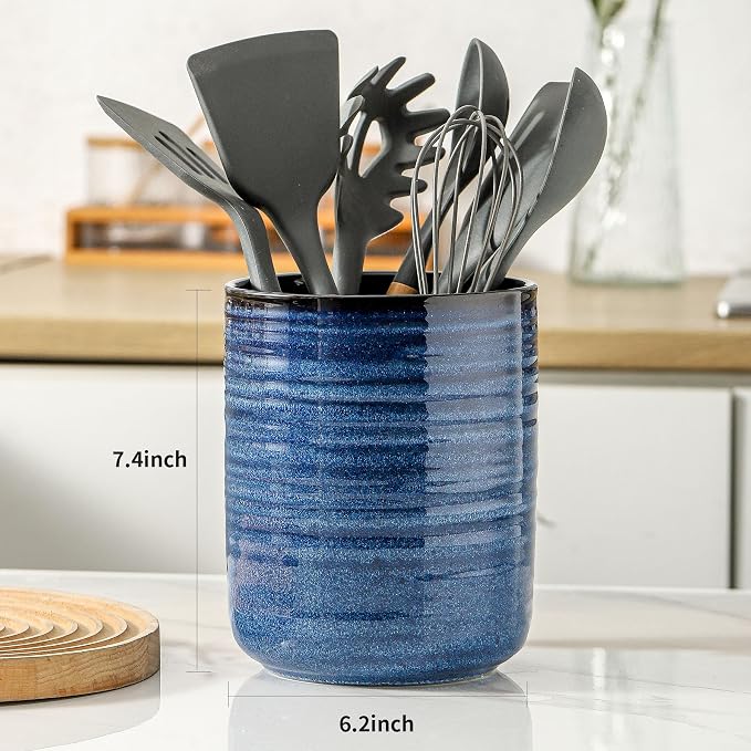 HASENSE Ceramic Kitchen Utensil Holder, 7.4" x 6.2" Large Countertop Utensil Crock, Stable Cooking Utensil Organizer for Spatulas, Spoons, Whisks & Tools, Modern Blue Kitchen Decor