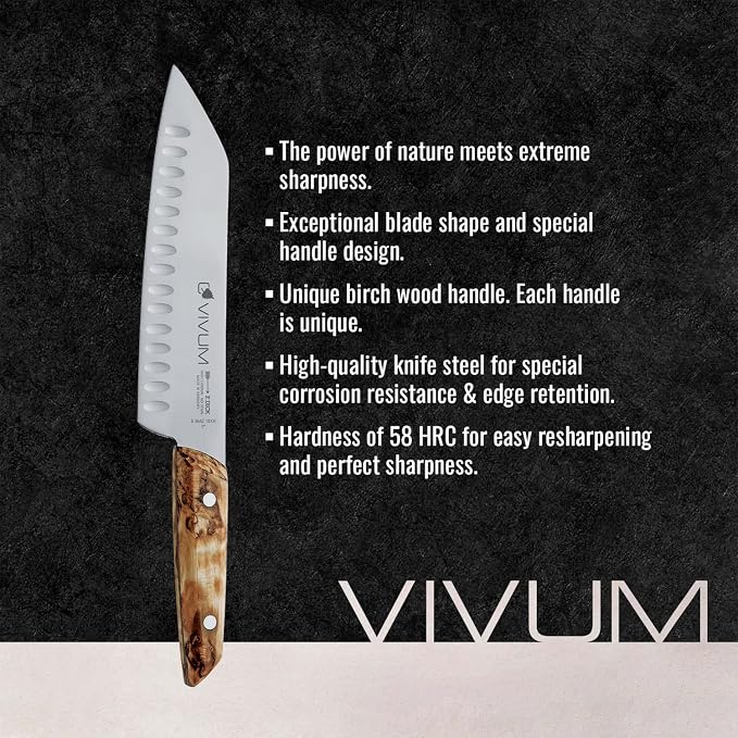 F. DICK - VIVUM Santoku Rust-Proof Knife - Knife with 7" blade & 58 HRC- Ideal for meat, fruit & vegetables - Stainless steel - Ultra sharp - Birchwood handle - Made in Germany