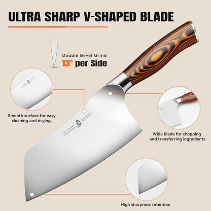 TUO Vegetable Cleaver Knife, Chinese Chef Knife 7 inch Meat Cleaver with Pakkawood Handle, Stainless Steel Butcher Chopper for Home Kitchen - Fiery Phoenix Series