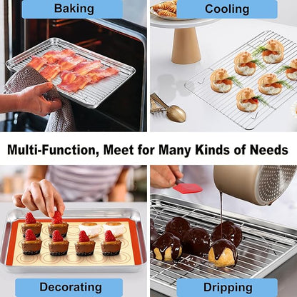 TeamFar Toaster Oven Pan, 12.4’’ x 9.7’’ x 1’’ Stainless Steel Baking Pan Tray Cooling Wire Rack with Silicone Mat Set for Cooking Use, Healthy & Sturdy, Oven & Dishwasher Safe, Set of 3