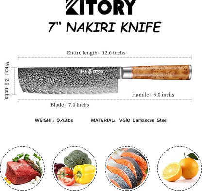 Kitory Damascus Nakiri Knife, 7" Ultra Sharp Kitchen knife - High Carbon 73-Layers 10Cr15CoMoV Stainless Steel - with White Shadow Wood Handle, for Kitchen and Restaurant, 2026 Gift