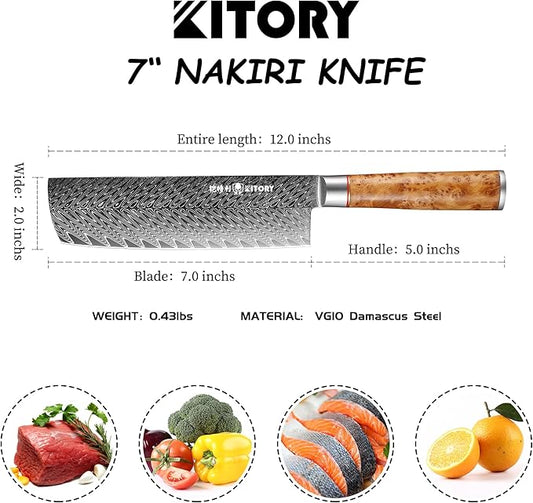 Kitory Damascus Nakiri Knife, 7" Ultra Sharp Kitchen knife - High Carbon 73-Layers 10Cr15CoMoV Stainless Steel - with White Shadow Wood Handle, for Kitchen and Restaurant, 2026 Gift