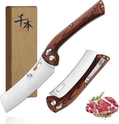 SENBON 440 Stainless Steel Super Sharp Folding Chef Knife - Colorful Wood Handle - Portable Kitchen Knife for Camping, Barbecue, Outdoor Use
