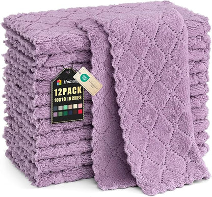 Homaxy 12 Pack Kitchen Dish Cloths (10 x 10 Inches, Purple), Super Soft and Absorbent Coral Velvet Dish Towels, Nonstick Oil Fast Drying Microfiber Cleaning Cloth, No Lint Household Dishcloths