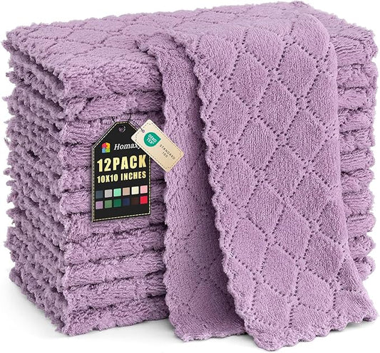 Homaxy 12 Pack Kitchen Dish Cloths (10 x 10 Inches, Purple), Super Soft and Absorbent Coral Velvet Dish Towels, Nonstick Oil Fast Drying Microfiber Cleaning Cloth, No Lint Household Dishcloths