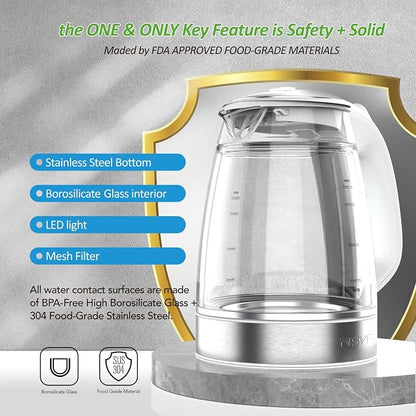 NISVITU 1.7L Dual Wall Cool Touch Electric Kettle, BPA-Free Borosilicate Glass Inner, PC Outer, 1500W Fast Boil Cordless Hot Water Boiler & Electric Tea Kettle, Keep Warm, Auto Shut-Off, White
