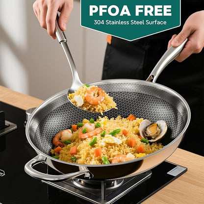 Wok Pan, 13-Inch Stainless Steel Woks & Stir-Fry Pans Nonstick, Wok Pan with Lid for Induction, Hybrid，Electric, Gas, Halogen, All Stoves, Professional PFOA Free Cookware, Dishwasher & Fast Heat
