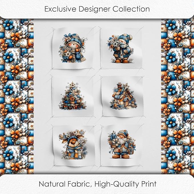 Winter Patchwork Snowman Quilting Fabric Panel – 6× (10×10 inch) Blocks + Bonus Patchwork Sheet 29.5×19.6 inch, 100% Cotton 140 GSM, Blue–Orange Floral Winter Theme