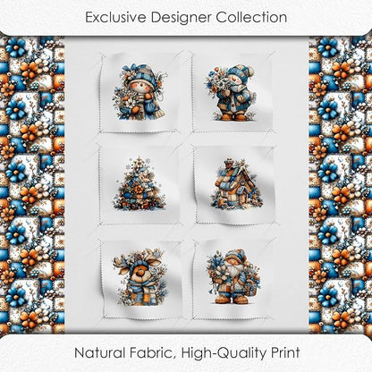 Winter Patchwork Snowman Quilting Fabric Panel – 6× (10×10 inch) Blocks + Bonus Patchwork Sheet 29.5×19.6 inch, 100% Cotton 140 GSM, Blue–Orange Floral Winter Theme