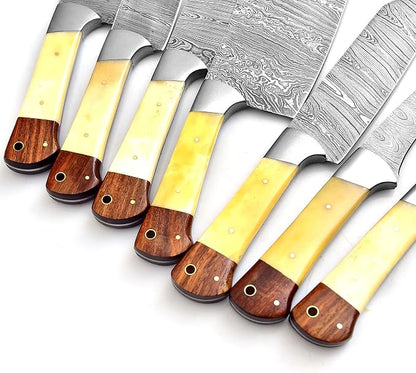 Professional Handmade Damascus Kitchen Chef Knife Set with Bone handle and Damascus Steel Blade, Kitchen Knife set with Leather Roll Bag (1064)